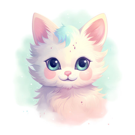 Cute white cat with blue eyes and blue hair. Vector illustration.の素材