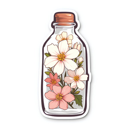 Illustration of a glass bottle with flowers on a white background.の素材
