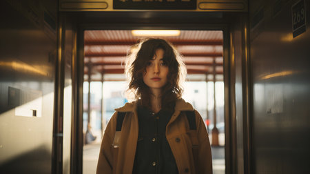 Young beautiful brunette woman in a beige trench coat and black T-shirt posing in the cityの素材