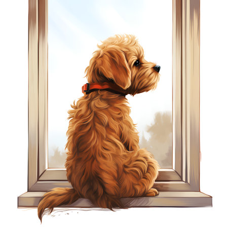 Dog sitting on the window sill, looking out the window, vector illustrationの素材