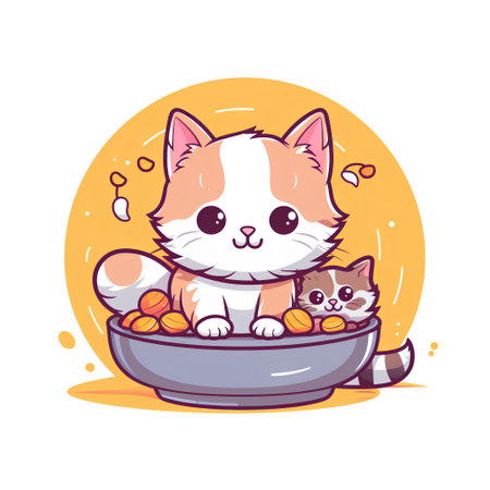 Cute cartoon cat sitting in a bowl with food. Vector illustration.の素材