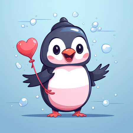 Cute cartoon penguin with heart shaped balloon. Vector illustration.の素材