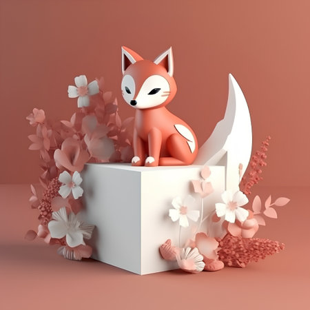3D render of a cute fox sitting on a white podium surrounded by flowersの素材
