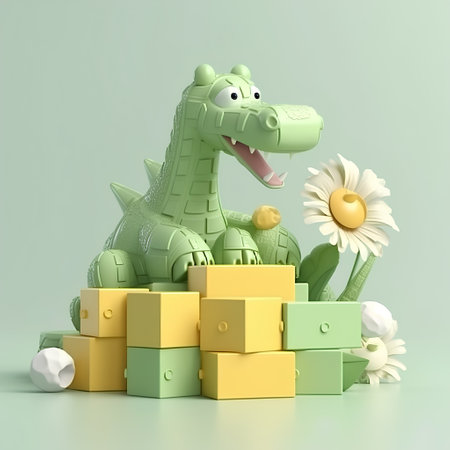 3d illustration of green crocodile with toy blocks and flower in green backgroundの素材