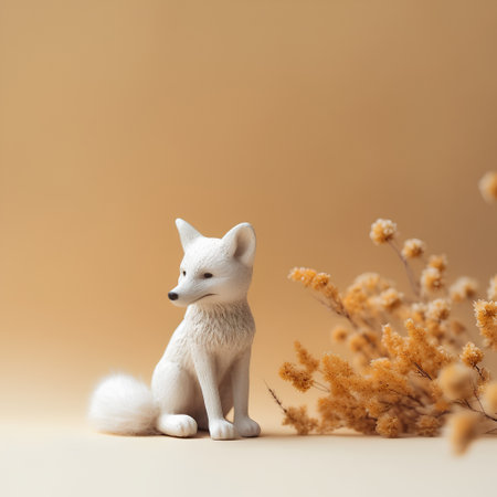 Cute white fox sitting on a yellow background. Minimalistic style.の素材