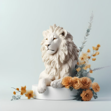 Lion statue on white podium decorated with flowers. 3d renderingの素材
