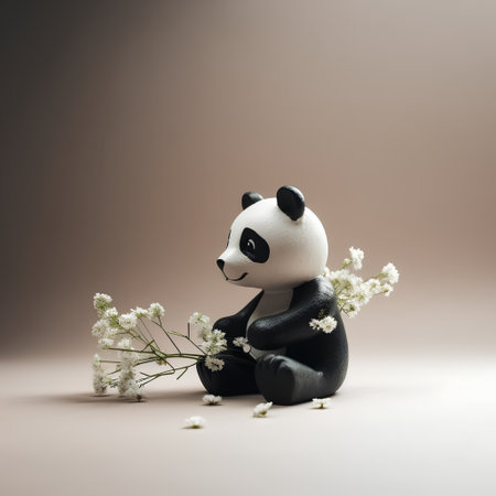 Panda with white flowers on brown background. 3d illustration.の素材