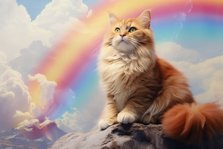 Beautiful ginger cat sitting on a rock against the backdrop of a rainbowの素材