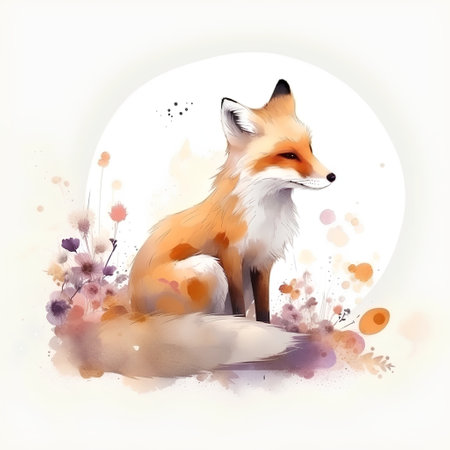 Watercolor illustration of a cute red fox on a white background.の素材