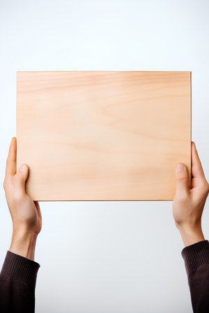 Hands holding a wooden board on a white background. Mock upの素材