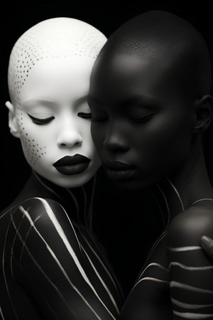 3d render of a couple of black and white women with masksの素材