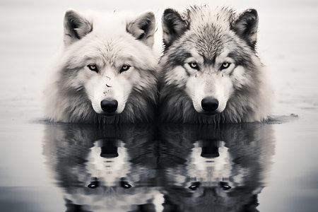 Two wolves are reflected in the water. Black and white photo.の素材