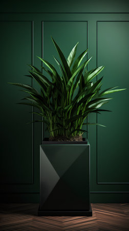 3d render of green plant in pot on black wall background.の素材