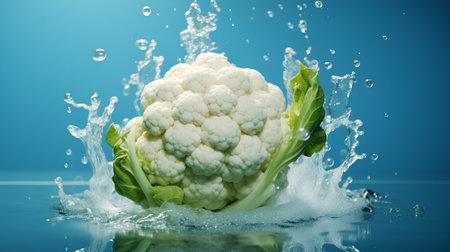 Fresh cauliflower with water splash on blue background. Healthy food concept.の素材