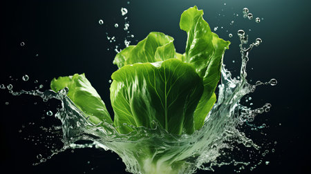 Fresh green lettuce with water splash isolated on black background. Healthy food concept.の素材
