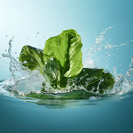 Fresh green lettuce with water splash on blue background. Healthy food concept.の素材