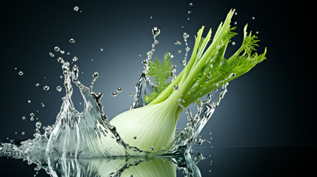 Fresh fennel with water splash on black background. 3d renderingの素材