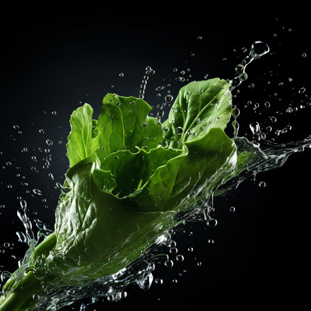 Fresh green lettuce with water splash isolated on black background. Healthy food concept.の素材