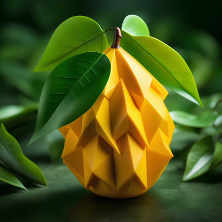 Mango with leaves on a green background. 3d rendering.の素材
