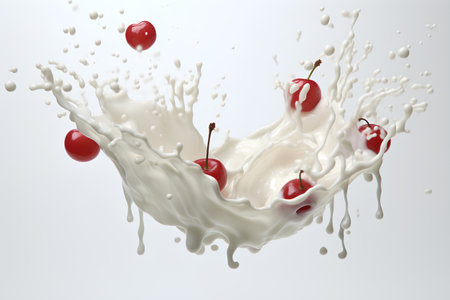 Milk splash with cherry. Realistic 3d vector illustration.の素材