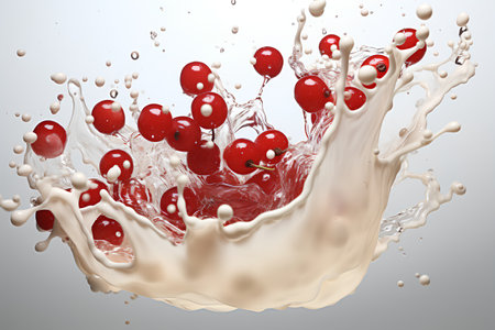 Red currant in milk splash. 3d rendering, 3d illustration.の素材