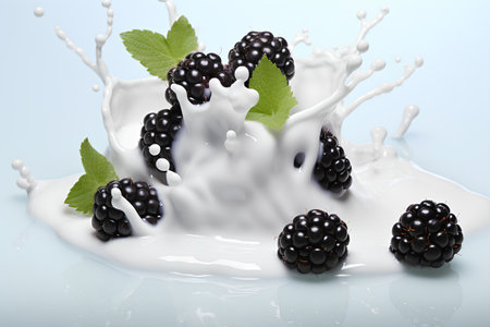 Milk splash with blackberries and leaves. 3d illustration.の素材