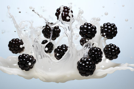 Milk splash with blackberries on blue background. 3d renderingの素材