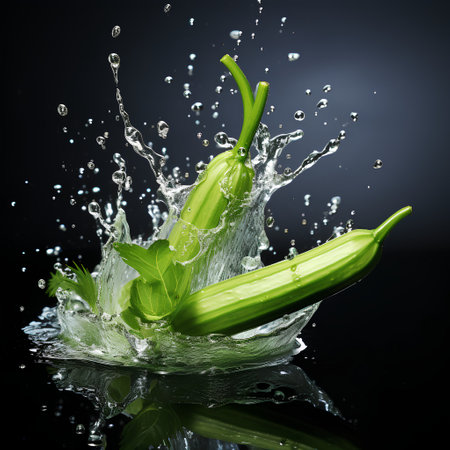 Fresh green chili pepper with water splash, isolated on black background.の素材