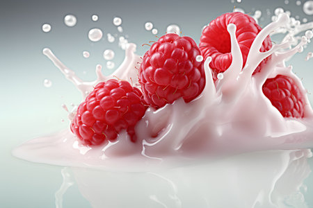 Raspberries in milk splash. 3d rendering, 3d illustration.の素材
