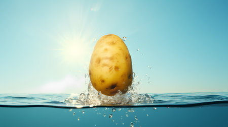 Potato in water splash on blue sky background. 3d renderingの素材