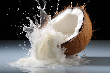 Coconut milk splash isolated on black background. 3d illustrationの素材