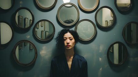 Portrait of a beautiful brunette girl with long curly hair in a black dress.の素材