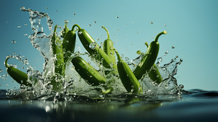 Green hot chili peppers with water splash on blue background. 3d renderingの素材
