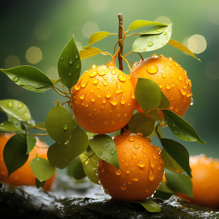 Fresh tangerines with water drops on a branch with leaves on a blurred backgroundの素材