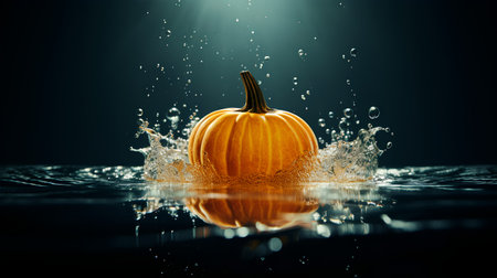 Pumpkin and water splash on black background. Halloween concept.の素材