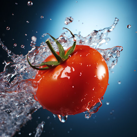 Fresh tomato with water splashes on blue background. Healthy food concept.の素材