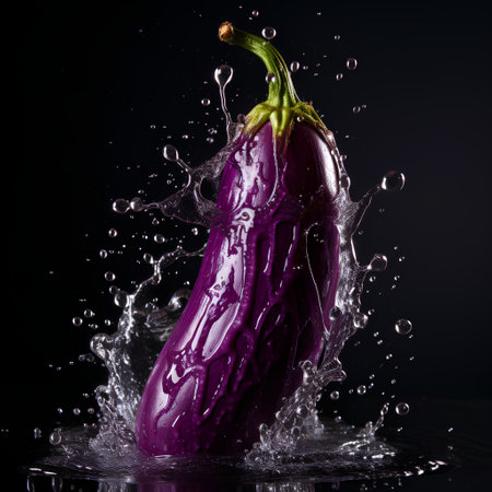 Purple eggplant with water splash, isolated on black background.の素材