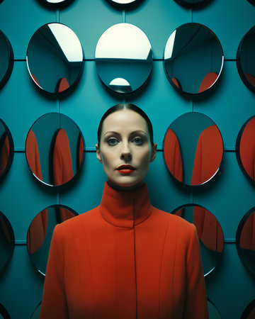 Portrait of a beautiful young woman with red lips in a red coat on a background of geometric shapesの素材