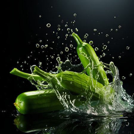 Fresh green bell pepper with water splash on black background. Healthy food concept.の素材