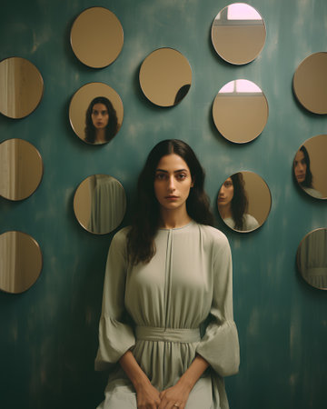 Portrait of a beautiful young woman looking at the mirror in the roomの素材