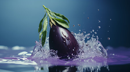 Eggplant in water with splash and drops on blue background.の素材