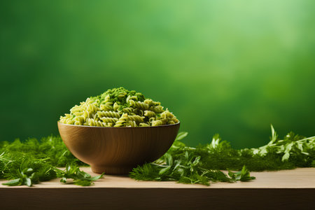 Fusilli pasta in wooden bowl with dill and parsley on green backgroundの素材