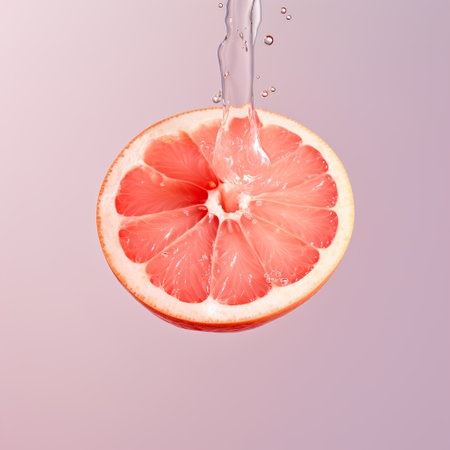 Half of grapefruit with water splash isolated on pink background. 3d illustrationの素材