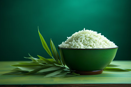 Rice in a bowl on a wooden table. Green background.の素材