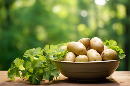 Potatoes in a bowl on a wooden background. Selective focus.の素材