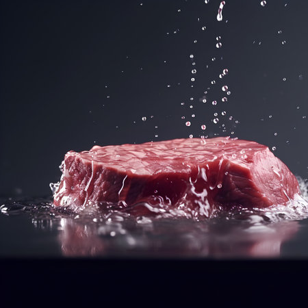Raw beef steak with splashes of water on a black background.の素材