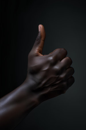 Closeup of black female hand gesturing ok sign on dark backgroundの素材