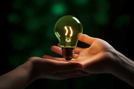 Close up of human hands holding lightbulb on dark green backgroundの素材