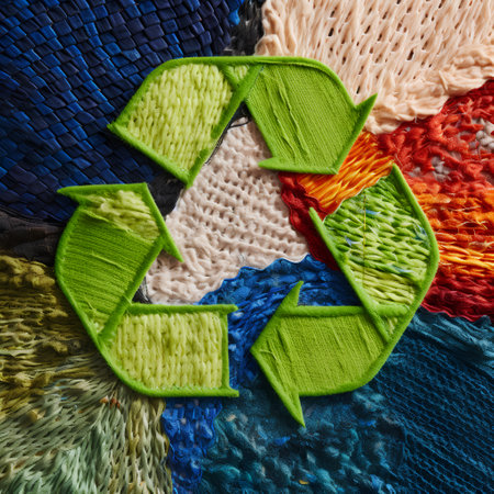Recycling symbol made of colorful wool threads on blue fabric backgroundの素材