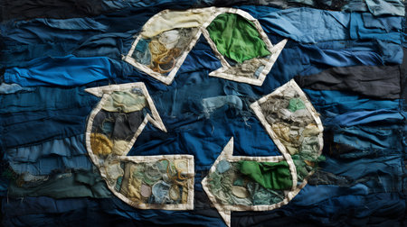 Fabric texture with the image of a recycling symbol. Background.の素材